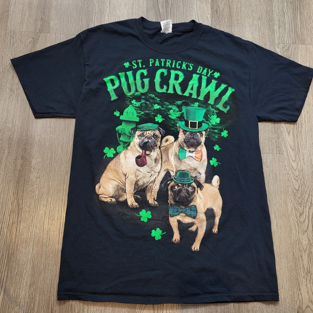 Fruit of the Loom‎ St. Patrick's Day Irish Pug Crawl Sze M Black T-shirt